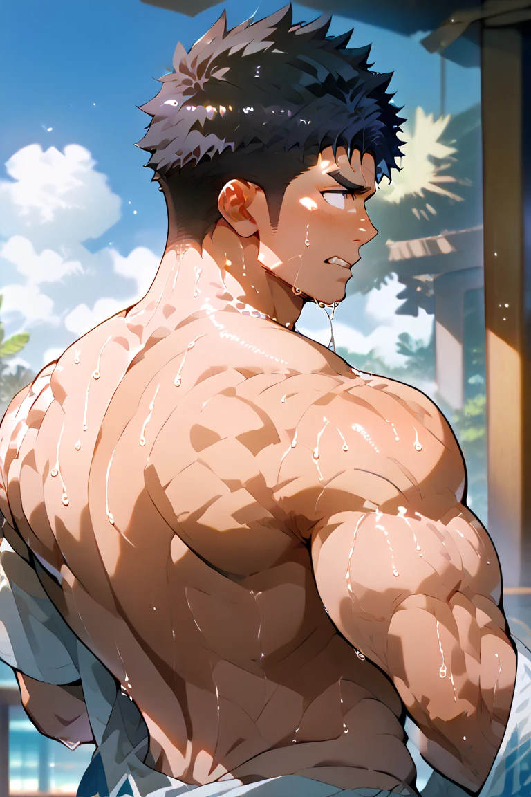 black hair, white pupils, white eyes, blind, horizontal scar on forehead, enigmatic expression, crying, delicate features, porcelain skin, no shirt, muscular, flowing black hair, waterfall, water cascading down shoulder, scenary, cherry blosom trees