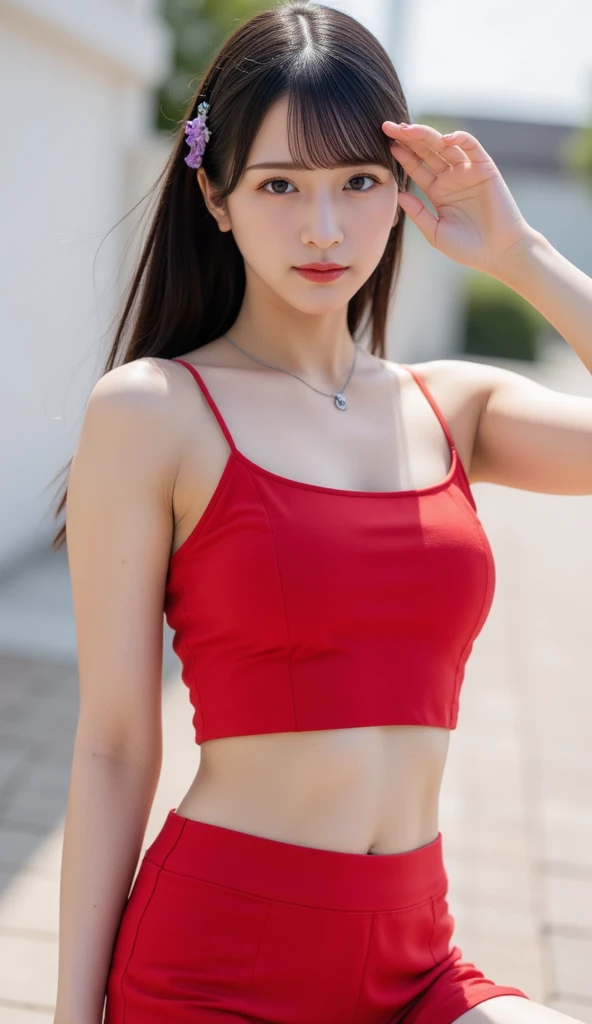 (8k, RAW photo, best quality, masterpiece:1.2), (realistic, photo-realistic:1.4), (extremely detailed CG unity 8k wallpaper), (1 girl:1.5), Western beauty, (Red clothes: 1.4), red spots on forehead, pale skin, blush, big eyes, full body, thighs, open navel, gold waist chain, gold jewelry, flying ribbons, particles, background Loulan ancient city, ancient city wall, desert, dance, dunhuang_dress, dunhuang_style,