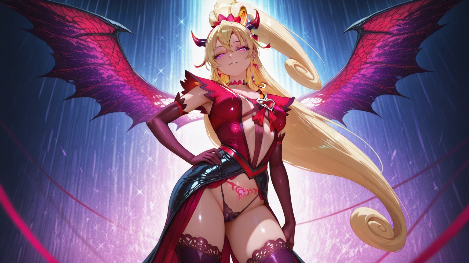 ((best quality)), ((Artwork)), (detailded), 1 girl, Dragon woman, cabellos largos dorados, golden armour, Golden Dragon Knight, golden wings, pinky skin, Eyes red, legs thick, blush cheeks, golden giant sword