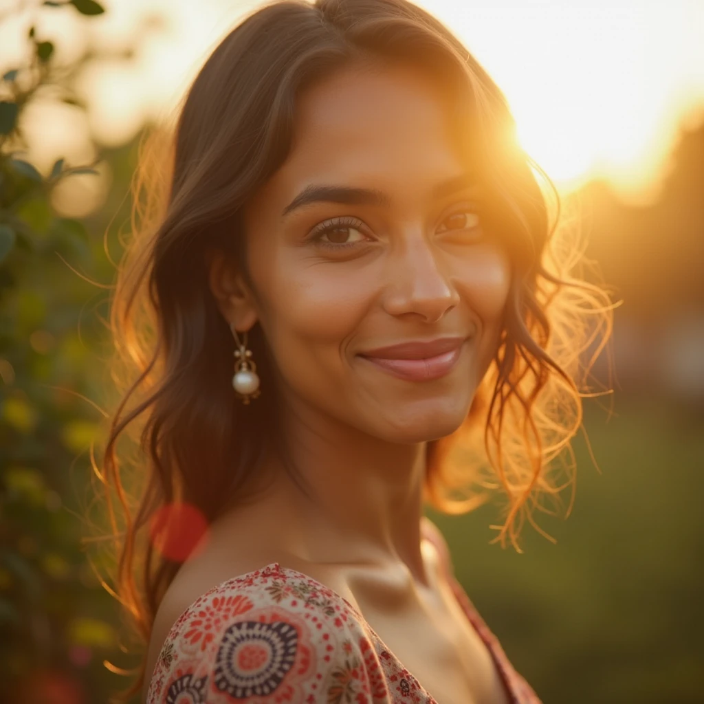 rmx, Close-up, beautiful girl, physical rendering photo of an 35 year old Mexican woman, smiling, full of love and joy, wavy black hair, unbuttoned, yellow blouse, garden background, light on face, dream, magical atmosphere, cinematic lighting, embers, fantasy, action pose, mist, CRU photo, 8k uhd, film grain