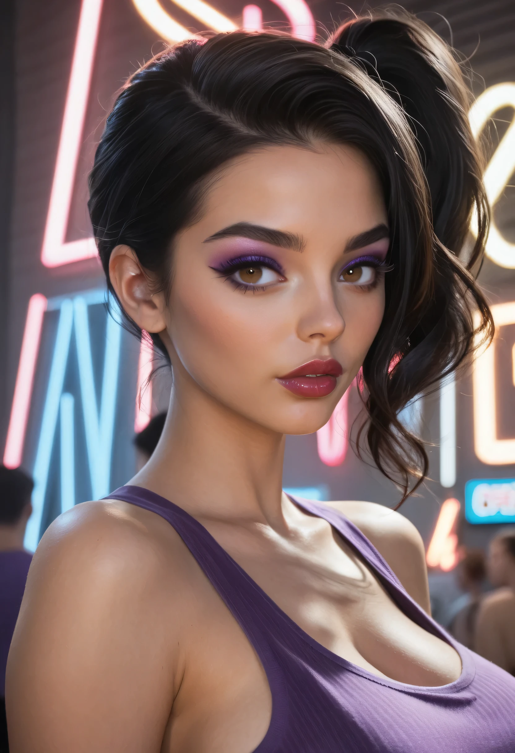 woman, (perfect face), detailed pupils, side ponytail, black hair, black thin eyebrows, brown eyes, purple eyeshadows, black eyeliners, nose, dark red lips, thick lips, parted lips, tank top, purple tank top, large breasts, ((neon light))