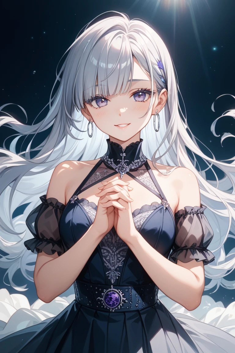 masterpiece, best quality, highres, 1girl, aatsumugi, long hair, low-tied long hair, blunt bangs, hairclip, black nightgown, <lora:shiraishi_tsumugi_v1:0.7>, looking at viewers, smile, town, upperbody, arms up,