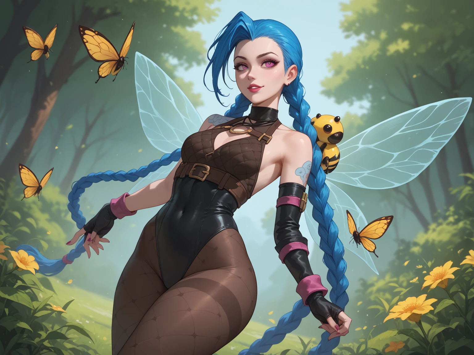 (masterpiece, top quality, best quality, official art, beautiful, cosmic, atmospheric, psychedelic, dreamlike and aesthetic:1.2), (1girl, purple punk rock mohawk hair, tons of tattoos and piercings, super huge enormously gigantic tits), extreme detailed,(fractal art:1.3),colorful,highest detailed, cherry blossoms and butterflies blowing in the wind