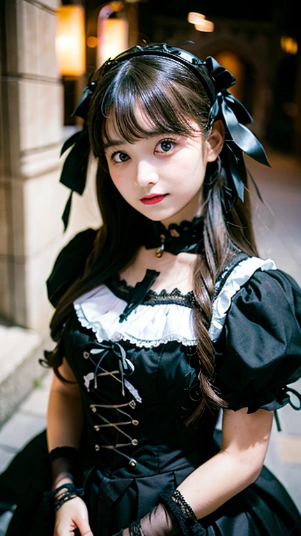 1girl, 12 years old, Famous idol, 1cute girl, very young face, masterpiece, high quality, small face, (very small tits:1.8)Gothic lolita fashion style, dramatic angle:1.4, Stroll around town,half smile:0.5,