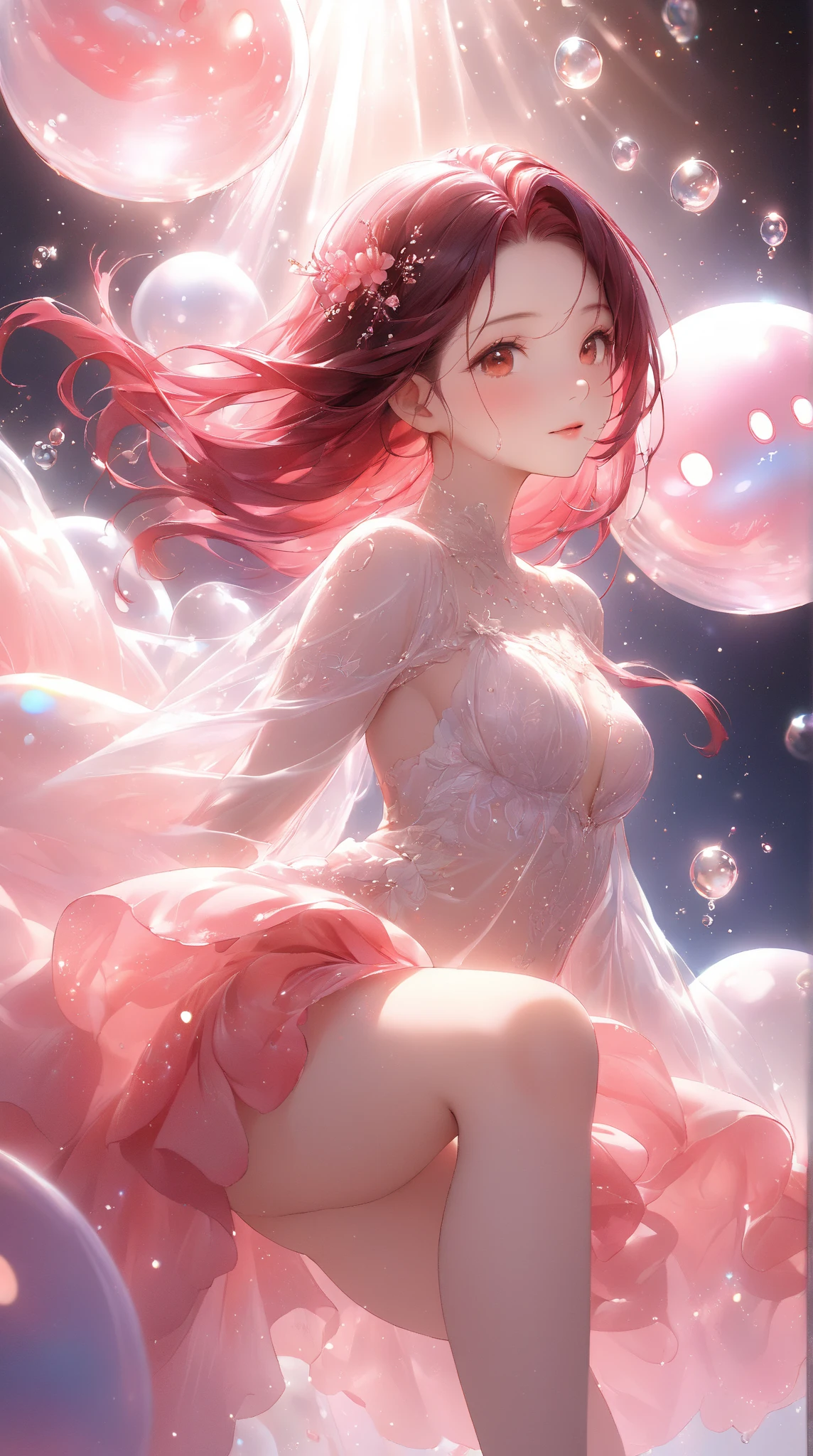 (cowboyshot), cute girl(chibi:1.2), wareing a transparent red jelly dress,(best quality,4k,8k,highres,masterpiece:1.2),ultra-detailed,ethereal lighting,flowing fabric effect,vivid colors,glowing jellyfish-like patterns,underwater scenery,wine red tones,delicate ripples and movements,hauntingly beautiful,(realistic,photorealistic,photo-realistic:1.37),dreamlike atmosphere,sparkling rays of sunlight,subtle reflections,soft focus,sublime elegance,graceful poses.octans