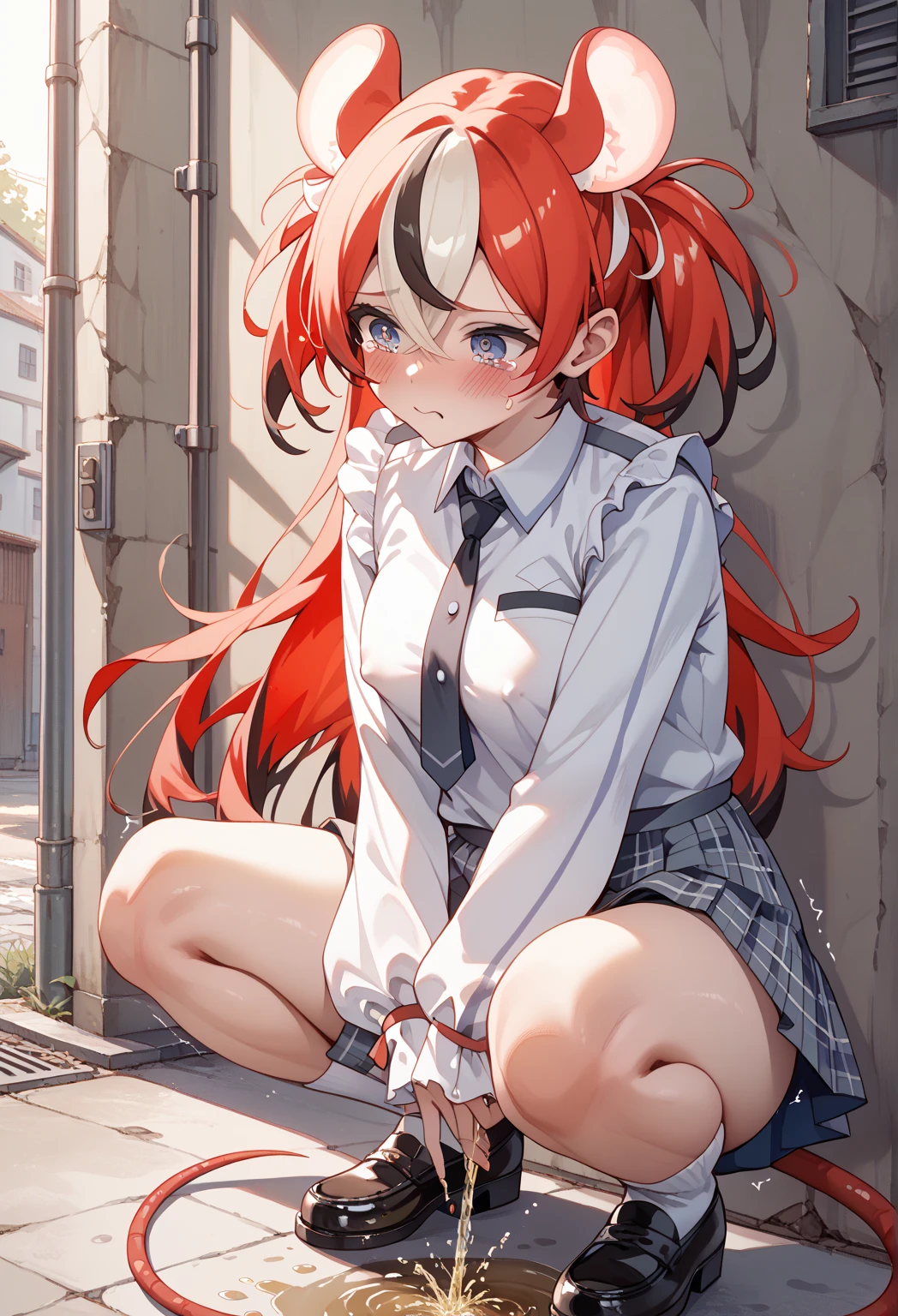 hikaru_rayearth,red hair,(single braid),miniskirt,squatting,from below,panty shot,white panty,masterpiece,Noise Reduction,perfect anatomy,high resolution, ultra-detailed,game cg,dutch angle ,beautiful detailed eyes,visualart,five fingers, perfect hands, perfect lighting,