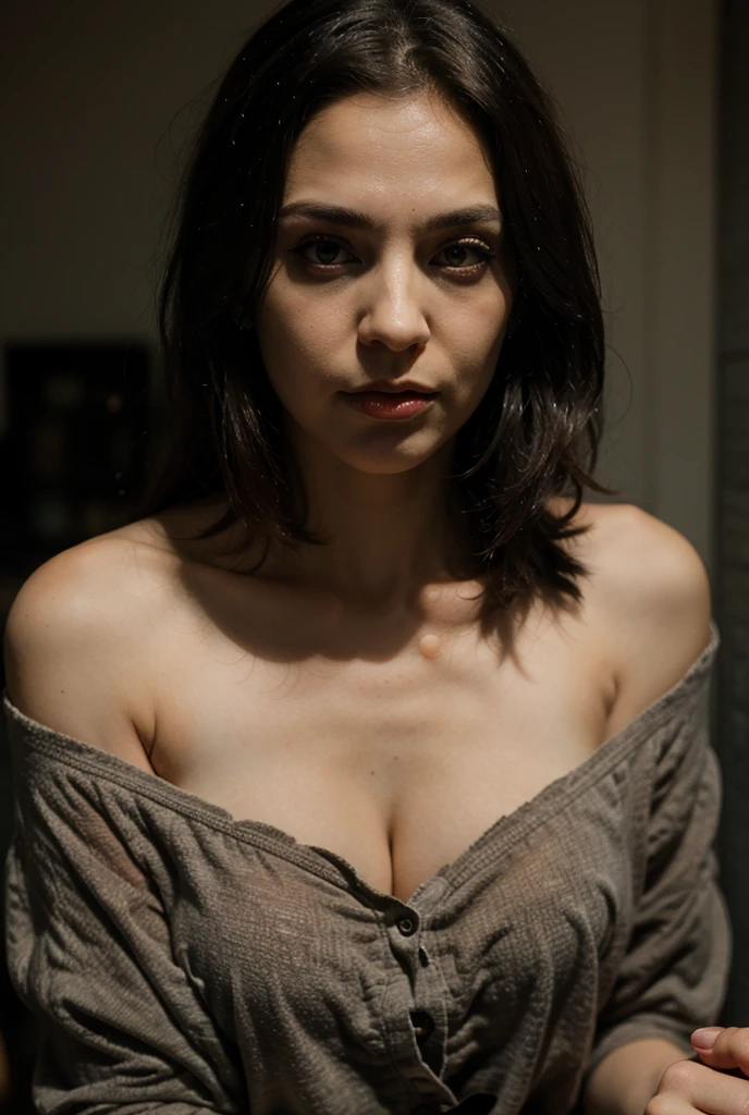 RAW, Best quality, ultra high resolution, (Masterpiece:1.3), (photorealistic:1.4), UHD, Professionally color graded, atmosphere, amazing depth, rich colors, powerful imagery, psychedelic overtones, (atmospheric red lighting), Javanesse girl, age30, Solo, short hair, Colossal , Looking at Viewer, Bare shoulders, Brown eyes, jewely, Full body, a necklace, off shoulders, Sweaters, Realistic, tattooed,