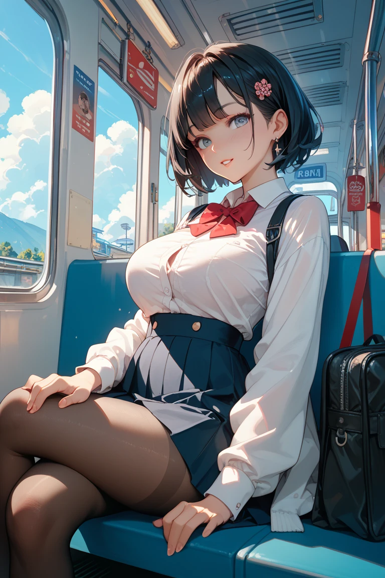 table top、High resolution、2 people、2 peopleの女の子、twins、2 peopleの可愛い女の子、big and full breasts、naughty body、underwear only、see-through、pink lingerie、throw、sit on the seat、Looking up at me、confused face、blush、black pantyhose、The shape of a woman's private parts is clearly visible、Pick up your clothes。navy checkered skirt、micro mini skirt、very short skirt、trainの中、train、molestation、A man touches my body、a lot of people、in the crowd、man sitting next to、A man also touches my thighs、open your legs、no panties