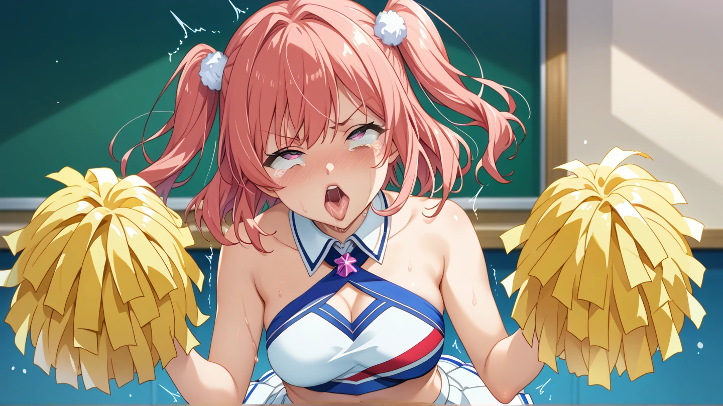 pink hair,  Low twin tails, hair ribbon, hairpin, Blue eyes,, large breasts, live stage, naked, solo nipple,  , Sweating profusely, Love juice, Wet Woman,  female ,, Peeing, lactation, projectile lactation