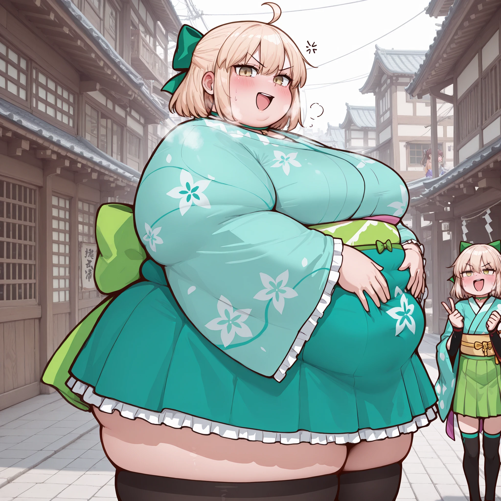 bottom-heavy figure, ((((incredibly big booty)))), ((((big ass)))), (((small chest))), plump, incredibly plump, (big belly), pout, embarassed, wide, (((obese))), (((fat))), ((love handles)), (((flat chest))), double chin, out of shape, obese, fatty, tall woman, big bossom, ((milf)), big height, mature, standing, full body, bbw, ssbbw, kazama iroha, blonde hair, short hair, bow, pony tail, white kimono, skirt