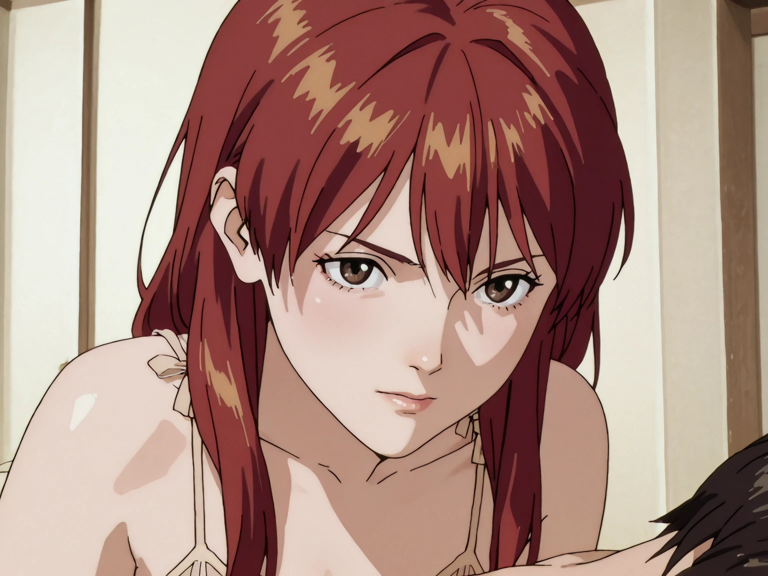 (POV Kiss | Peck | Thick Lips : 1.3), blue dress, garden background, Mei Terumi, anime cels style, best quality, high resolution, 1girl, (large breasts:1.2), beautiful face, long hair, brown hair, green eyes, ((hair over one eye)), lipstick, cowboy shot, light smile