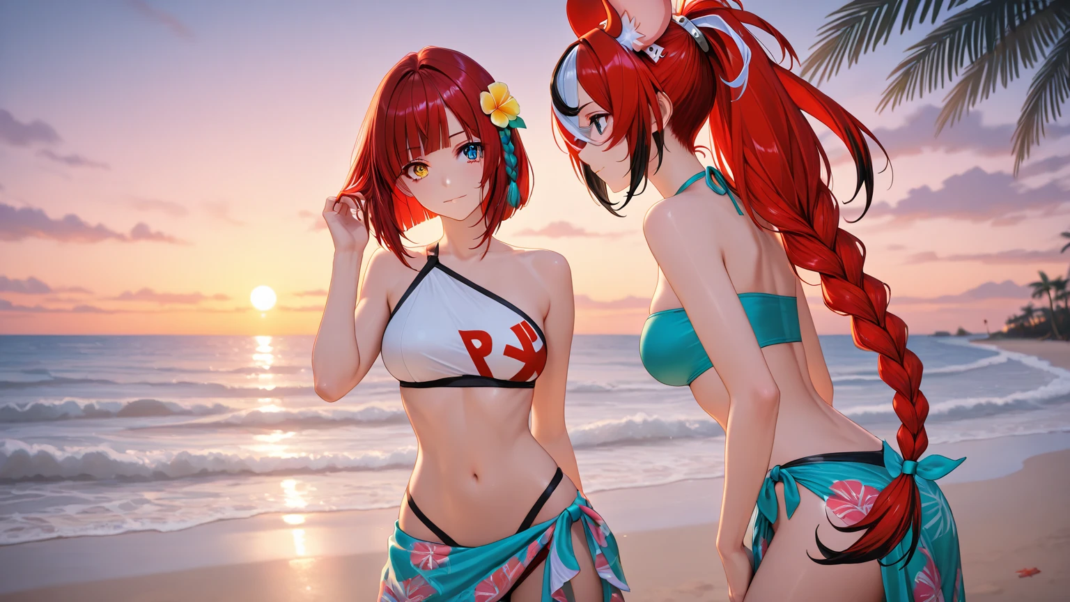 (oil, masterpiece, highest quality, Super detailed, Focus on the characters), Bright orange hair、Beauty、Detailed facial expression depiction，Detailed hair depiction,([return:0.8]|[ face facing returnwards:1.1]), Super big breasts,
Orange Bikini,([Summer Sea Scenario:1.2]|[ ground:1.3]| [High Contrast:1.1])  