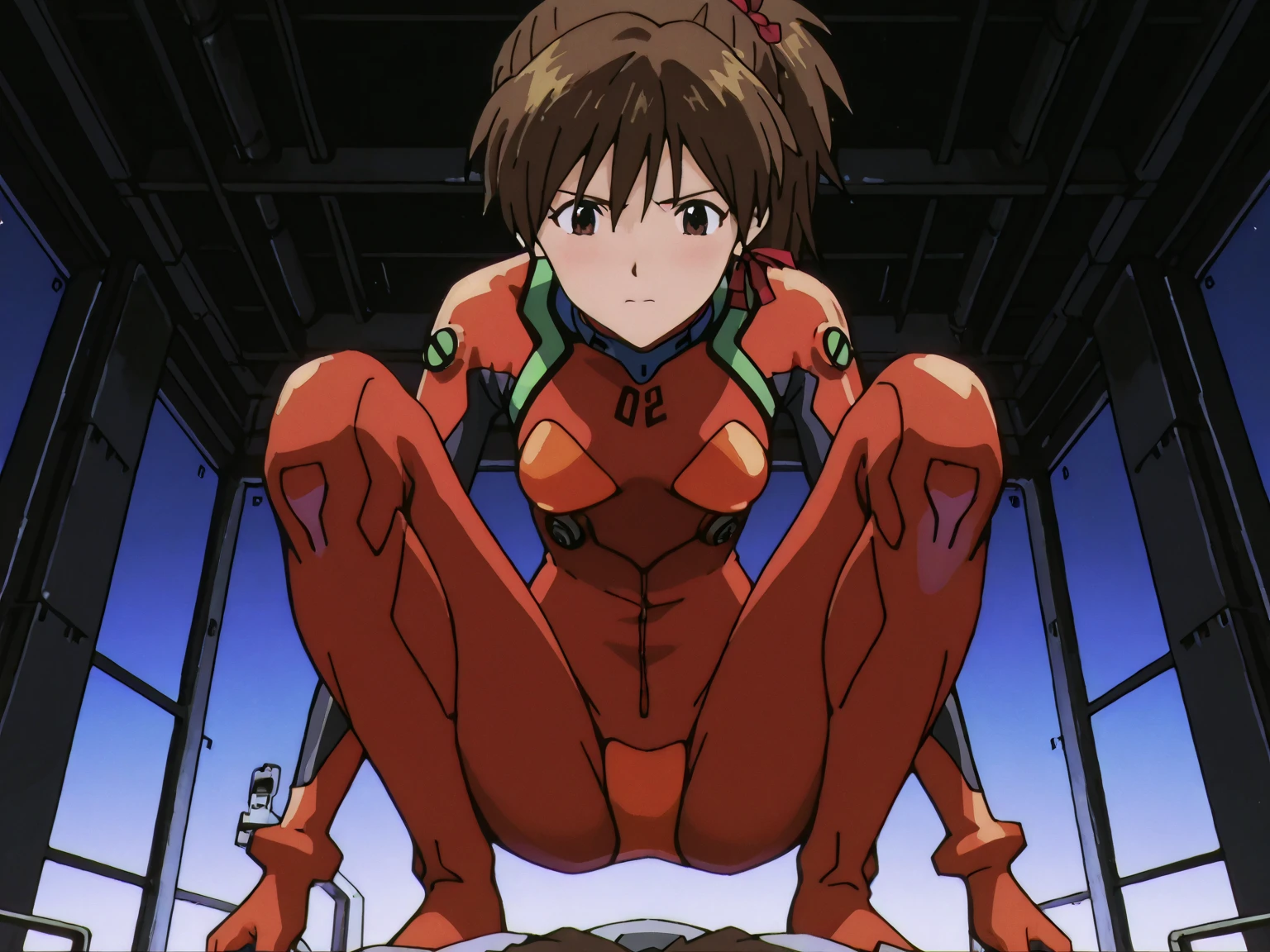 Completely naked, no clothes, masterpiece, very short pigtails,brown hair, Hair tie with two big red clothespins, mature, Female robot, android, mechanical robot, joint seam, blue eyes, full body figure, Height: 160cm, flushed cheeks, 2020s anime picture, ball joint, missionary angle, joy, A big smile, jump A beautiful robot with short brown hair in two short pigtails held up by two large red clothespins. 25 years old 2020s anime picture blue eyes Uplifting, No NSFW, whole body, spread legs, leaning over