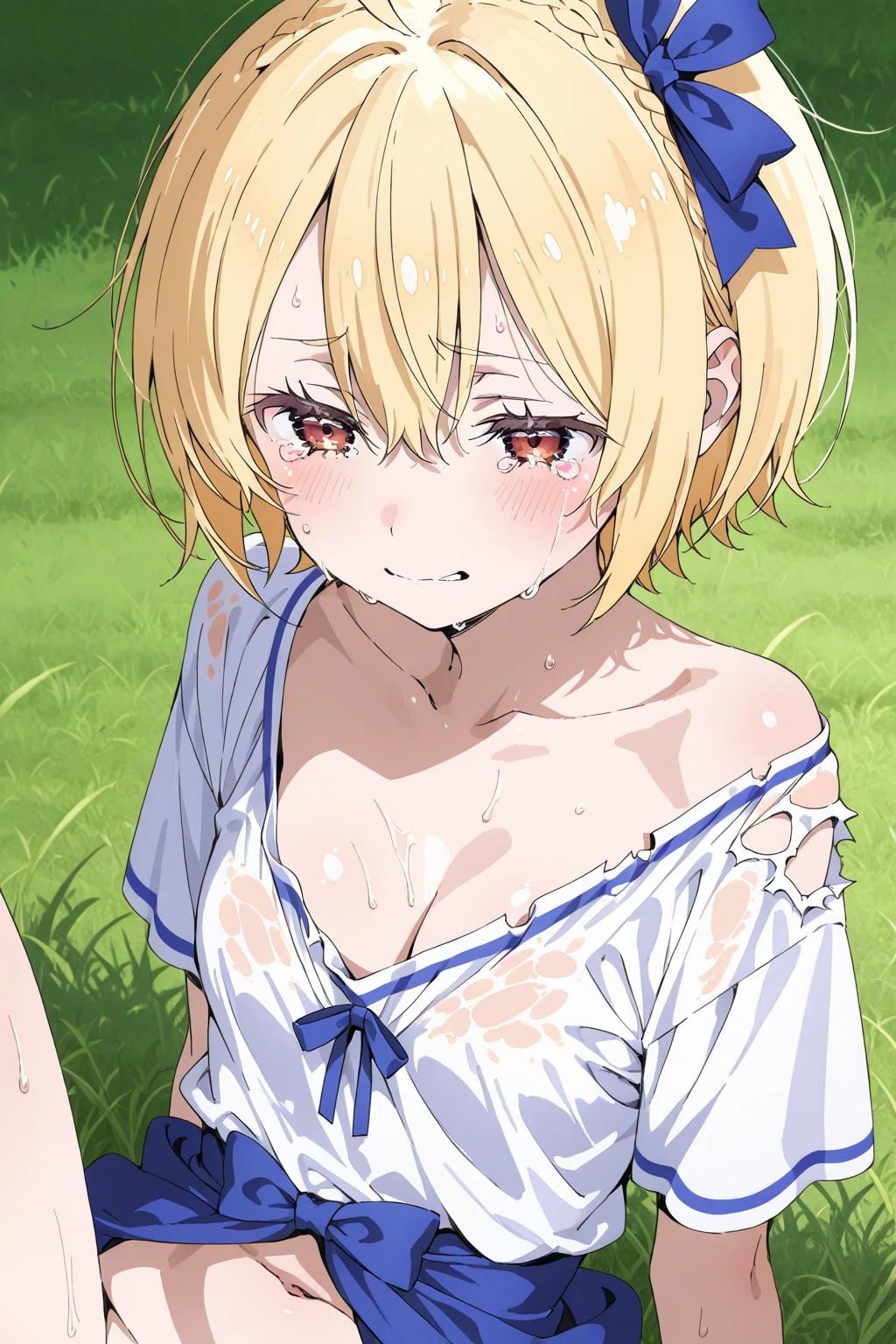 {artoria pendragon_fate ubw:1.15},blond hair, beautiful green_eyes, , ((night)) , 1 girl,, alone, hair between eyes,(white lace panties:1.5),show off white lace panties, bare shoulders,, cleavage, thighhighs, short hair, ((topless:1.5)) , beautiful light, , close up face:0.5, detail navel , detail thin thigs, tree, grass, ((sitting on liquid:1.7)), nsfw,(ecstasy:1.8) ,(slut:1.6),(vulgarity:1.7),(fucked silly:1.8),(steam:1.5),(wet:1.5),(trembling:1.5),(tears:1.2) ,(drooling:0.6),(sweat:1.5),open mouth, wince,(orgasm:1.7), trembling:1.5, beautiful upper body, Beautiful body, beautiful character design, perfect eyes, Perfect face, expressive eyes, looking at the viewer,(Moonlight Falls:1.5),in the center of the image, official art,High Definition CG Unity, Perfect lit, bright_front_face_lit, ,(Highest_quality:1.0),4k,Super detailed, photograph, 8K, nffsw, High resolution, absurd:1.2, kodak portrait 400, film grain, Lens flare, (lively_color:1.2) (beautiful,small breasts:1.4), (beautiful_face:1.3),(narrow_waist),blush, ((detail nipple)),,saber, dress, pony tail