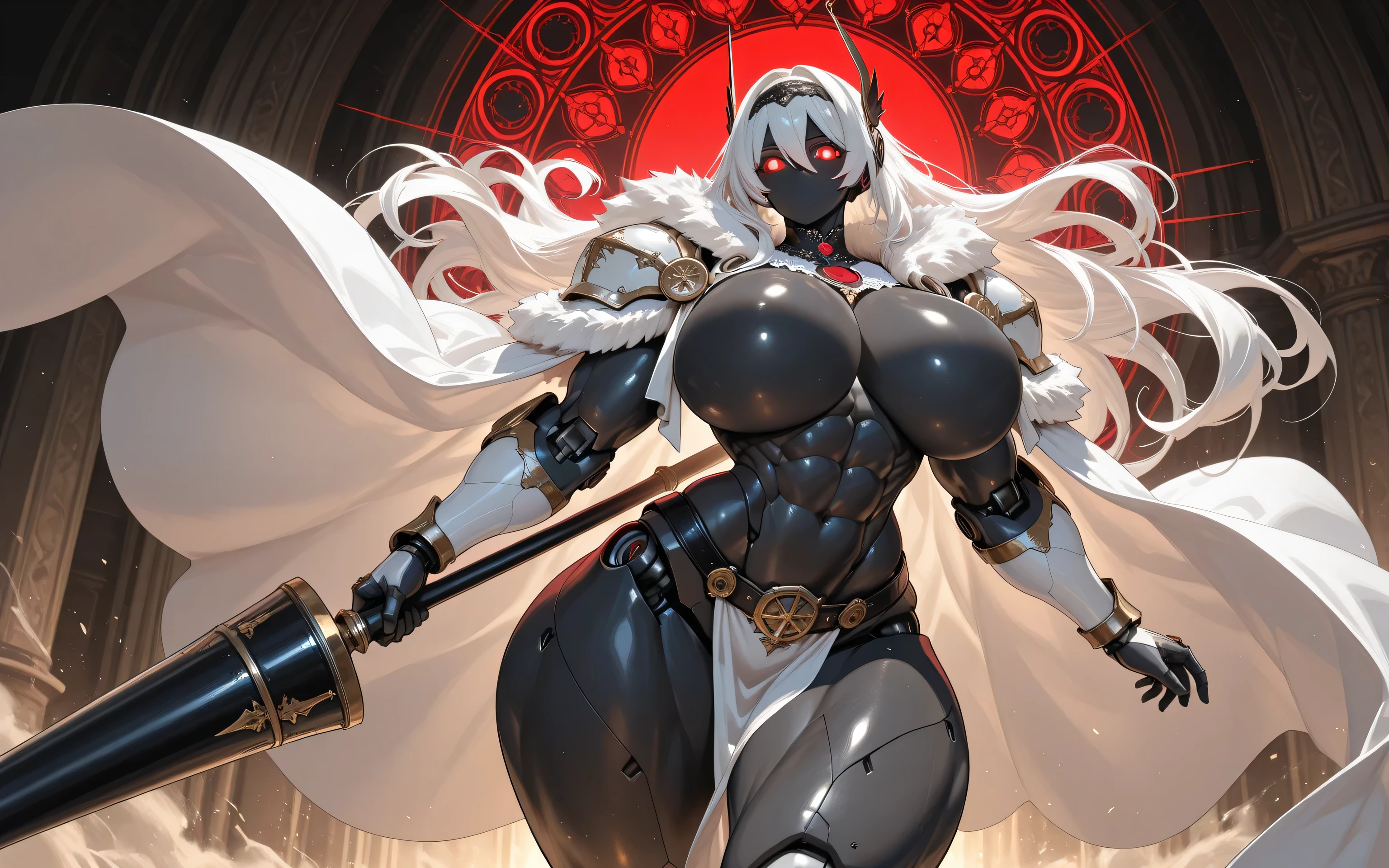girl, With big breasts, with futuristic white armor, Red eyes, for white, dark ebony skin
