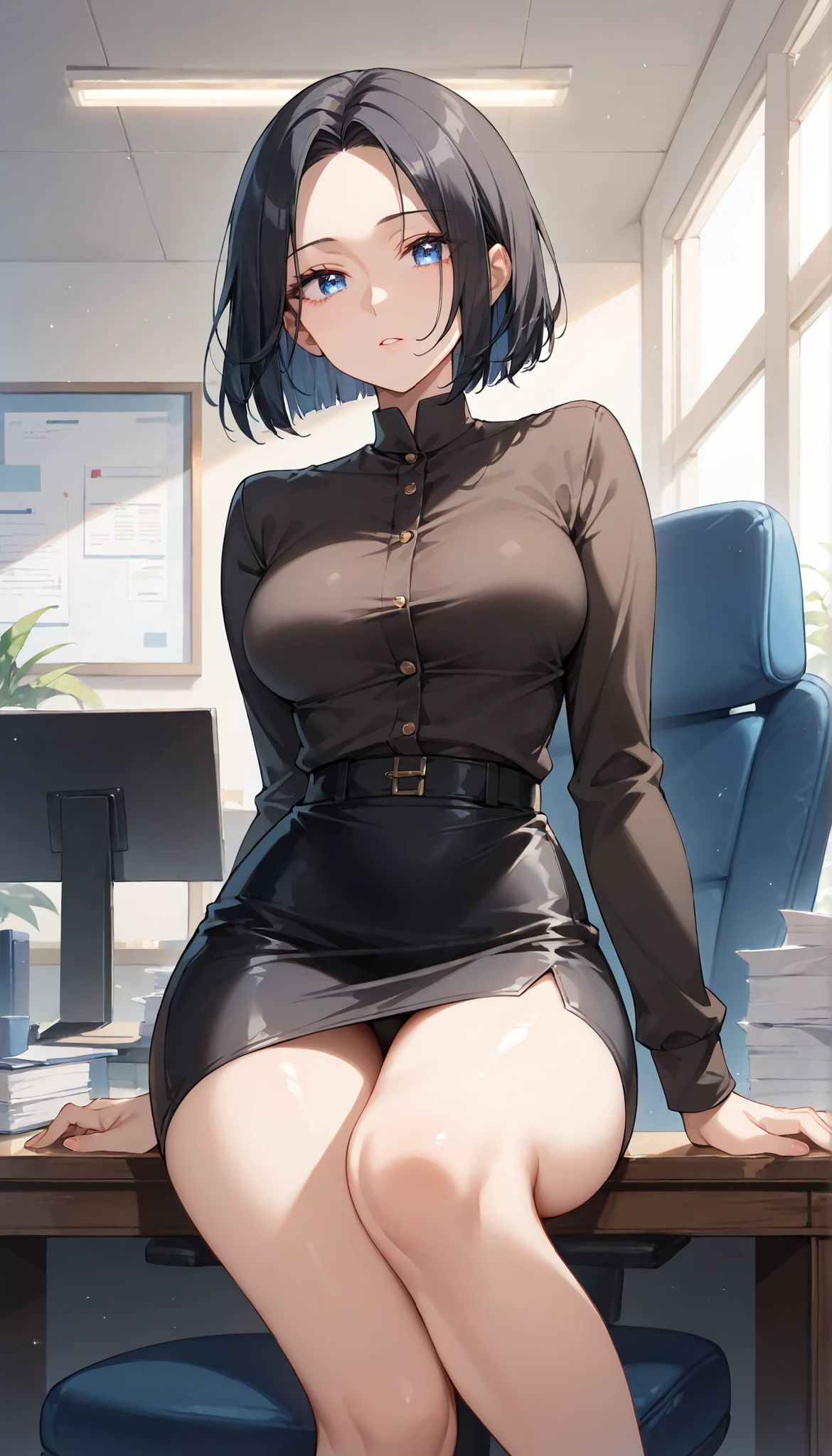 table top、High resolution、1 girl、big and full breasts、naughty body、underwear only、see-through、pink lingerie、throw、kneel down、Kneeling、Looking up at me、confused face、blush、black pantyhose、The shape of a woman&#39;s private parts is clearly visible、nipples are visible、micro mini skirt、very short skirt