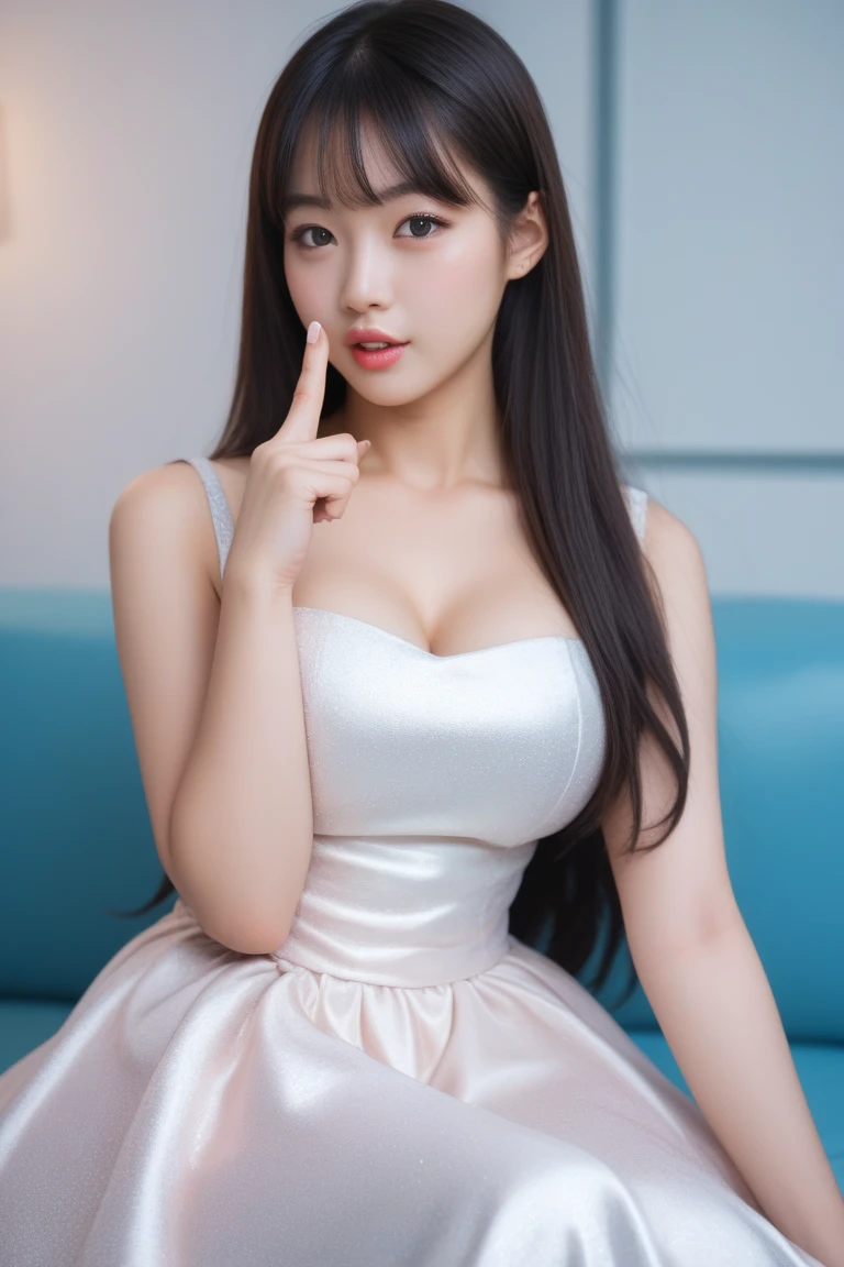 Image resolution 8K、masterpiece:1.3)、Beauty、1 female、(魅力的なBody Type:1.2)、abdomen:1.1、Dark brown hairstyle:1.1、(Body Type:1.2)、Ultra-detailed face、Attractive lips、double eyelid,Wearing a white silk one-piece dress、Super realistic and super cute in every detail、Japanese、Japanese女性、20th generation(28 years old)、Smile with a beautiful smile、Hair blowing in the wind、color々Hair style、Light shining from behind、Black background、Filmed in the studio、Pose facing forward、