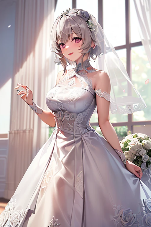 Ultra-high resolution, 8k,high quality,,(Ultra-short stature,Gargari body,((Wedding dress)),Slender,cowboy hat , ((no hat:1.3)),Cute hairstyle),(Landscape angle,Cunning Hand),(iridescent light,soft shadow,Anime Painting,thin line drawing),One Little Woman,(((Big Breasts))),