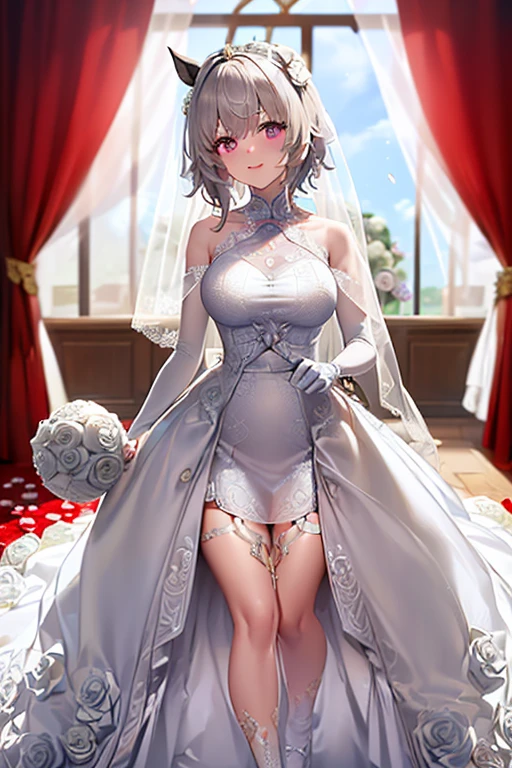 HMS_Renown \(warship girls r\),((masterpiece)),(((best quality))),((ultra-detailed)),((illustration)),((disheveled hair)),((frills)),1girl,bangs,bare shoulders,blonde hair,blue flower,blue ribbon,blue rose,blush,bouquet,breasts,crown,dress,earrings,eyebrows visible through hair,flower,full body,garter straps,gem,gloves,gradient,hair between eyes,hair ornament,jewelry,large breasts,looking at viewer,mole,mole under eye,puffy sleeves,ribbon,short dress,short hair,short sleeves,smile,snowflake hair ornament,solo,standing,strapless dress,thighhighs,tiara,wedding dress,white dress,white gloves,white legwear,long dress,Redraw your eyes,(blue left eye:1.2),Heterochromia,(yellow right eye:1.2),Anyone can have heterochromia,