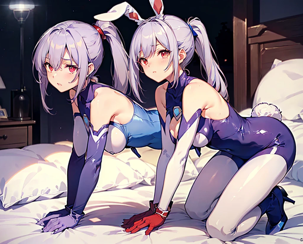 (Close-up:1.3),Realistic,highest quality, Ultra Detail, High-quality CG rendering, The most delicate and beautiful, Floating softly, High resolution, (1 girl), (Highest quality,4K,8K,masterpiece:1.2) ,Light purple hair,Rabbit,(Bunny ears:1.5),(ponytail:1.5),Red eyes, (Ultra Girl:1.0),(Blue Ultraman bodysuit:1.4),(Blue gloves:1.3),(Blue shoes:1.3),room,Upper Body,bed,(bedに倒れている:1.5),Defeated,,(Slightly larger breasts:1.5),Sleep,Are sleeping,Eyes closed,Open your mouth a little,(Prone:1.3),(Turn your back to your audience:1.3),Ass,