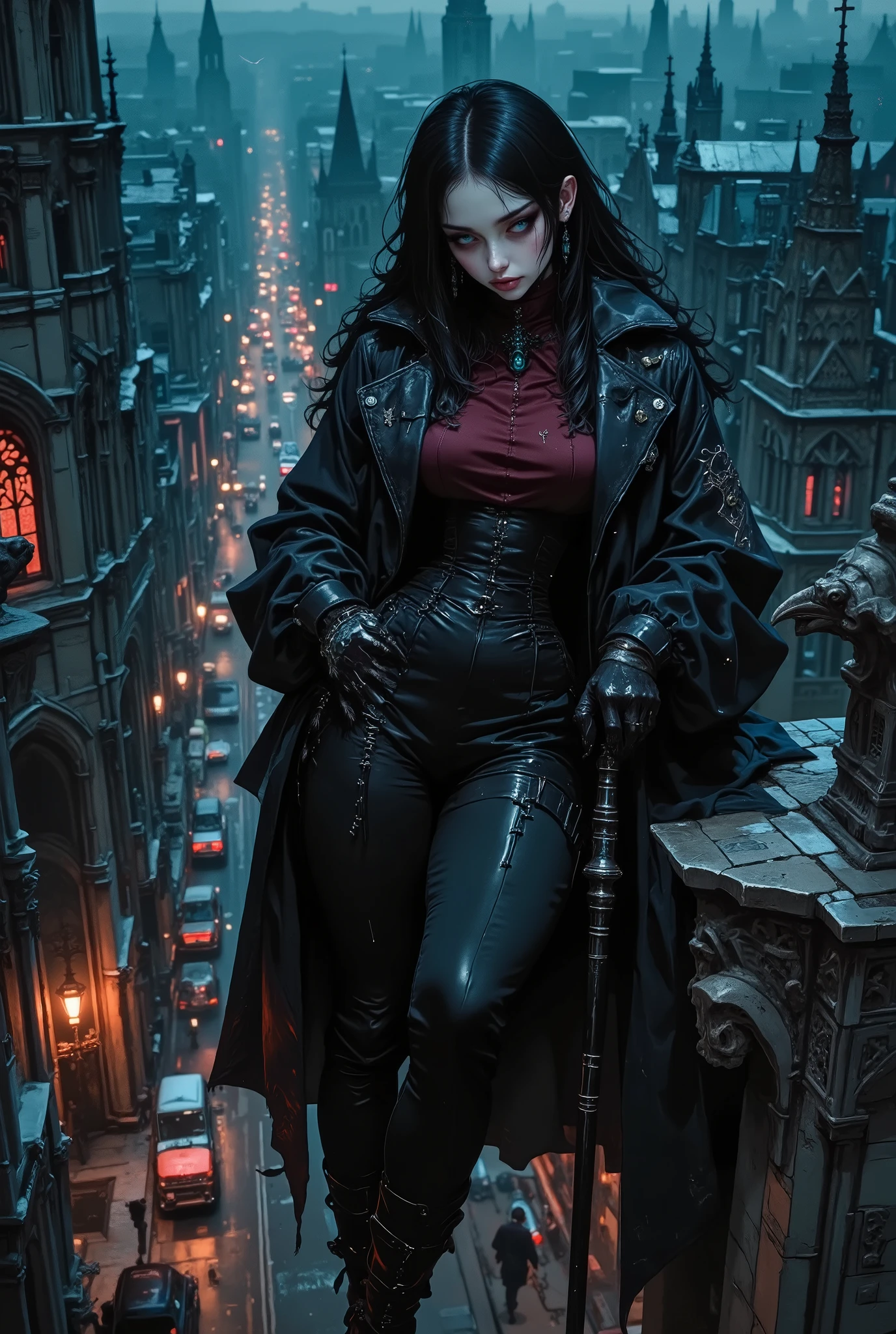In the center of the composition is a mysterious young girl of about twenty–five, with aristocratically sharp features, pale, almost porcelain skin and thick black hair, slightly disheveled by the night wind. Her eyes are a cold gray-blue shade, like ice illuminated by moonlight, looking into the distance with an expression of deep, almost painful thoughtfulness. There is a barely perceptible smile on her thin lips, a grimace in which you can read fatigue, bitter irony and a shadow of former pain. She is dressed in a luxurious but slightly shabby Neo-Gothic suit: a black velvet frock coat with a high collar, embroidered with silver threads in the form of ornate patterns, reminiscent of ancient runes or an interweaving of barbed wire. Under the coat is a maroon vest made of patterned silk, fastened with small black buttons in the shape of skulls. She wears narrow leather gloves with the cuffs turned down, hiding the scars on her knuckles. Trousers made of thick black cloth are tucked into high cavalry boots with steel heels that clatter loudly on the stonework. She is leaning against a dilapidated gargoyle on the edge of the roof of an ancient cathedral, one leg slightly bent at the knee, the other stretched out, as if she is ready to fall down at any moment. In her right hand she holds a thin cane with a crow's head, its metal beak gleams in the light of the street lamps. On the little finger of his left hand is a massive ring with a dark stone, in the depths of which something alive seems to be moving. The city below is a maze of pointed spires, arches, bridges, and narrow alleys shrouded in a blue haze. The stone facades of the buildings are riddled with cracks, carved ornaments and traces of time. The stained-glass windows of the cathedrals burn from the inside with a dim crimson light, as if inextinguishable lights are burning in them. The streets are filled with traffic: carriages with bug lanterns glide along the cobblestones, silhouettes of passers-by in top