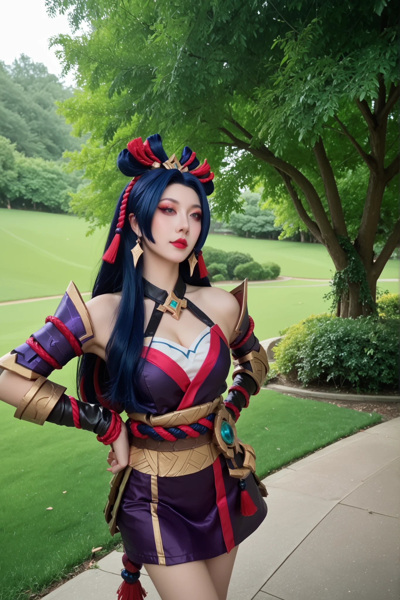 mulher cosplayer, ela é cosplayer de hanabi mobile from legends, hanabi from mobile legends, ultradetalhado, she's staring deafly ,pele real,textura da pele, she's standing on a lush green field