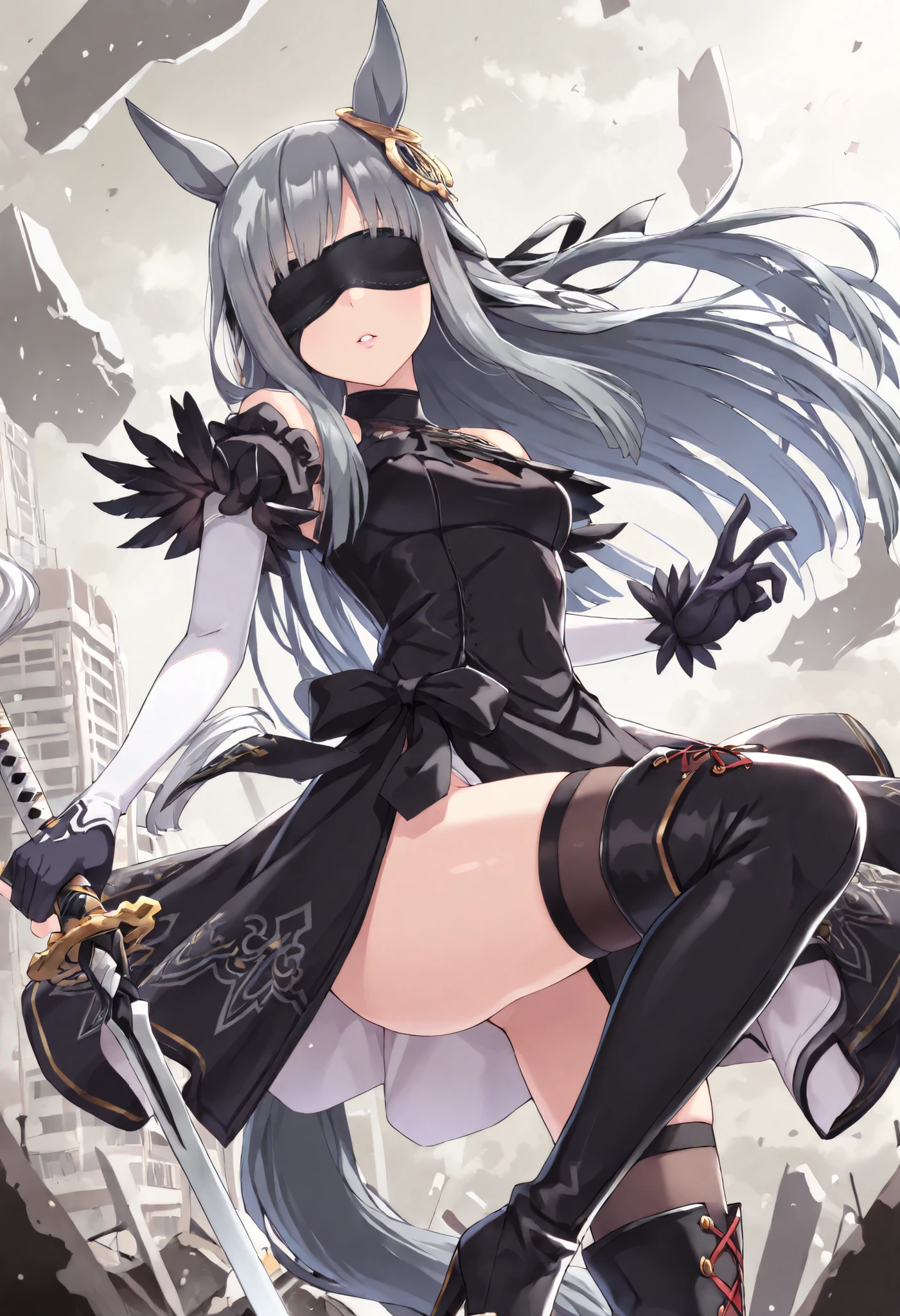 (masterpiece, best quality, perfect face:1.4), wide angle, chrono genesis\(umamusume\), 1girl, floating hair, horse ears, ear ornament, tail on the lower back, horse tail, proportional body, proportional,1 girl, beautiful hair, beautiful face, beautiful detailed eyes, beautiful clavicle, beautiful body, beautiful chest, beautiful thigh, beautiful legs, beautiful fingers, looking at viewer, BREAK, inspired by 2B nier automata, blindfold, pink lips, Collant 2B, deep neckline, long branch, feather ornament , Feather ornament sleeves, white gloves, black leather boots, textured skin, realistic skin, HDR, BREAK, good hands