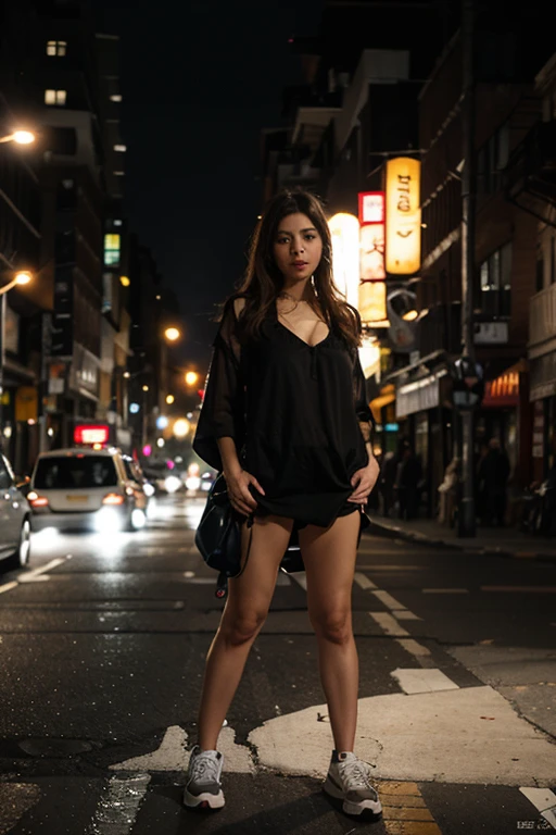 instagram selfie , a 23 year old gorgeous woman wearing a light torn t-shirt, exposed boob, slight smile , detailed skin face and eyes, neon lighting, front lit, posing on the streets of Tokyo at night, long hair, topless , sitting back, (spread legs)1.2, film grain, low contrast, natural face , freckles , black hair , blue eyes, dark circles under eyes , in focus, exposed vagina