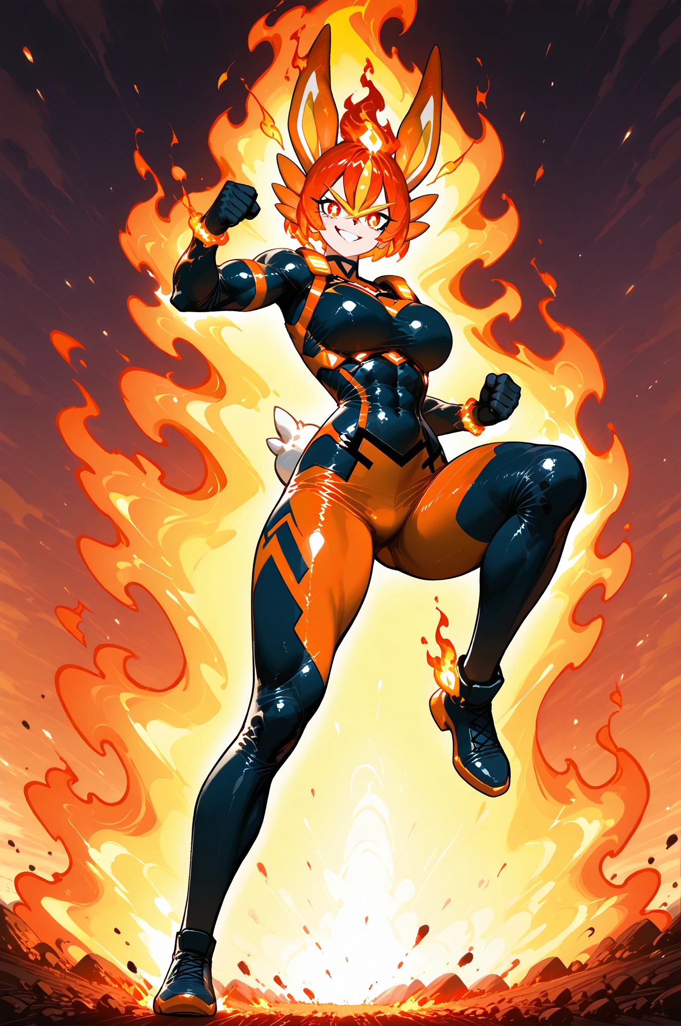 16k resolution image, Unreal Engine 5, Mortal Kombat style, Dragon Ball style, full body image of a woman doing hybrid Scorpion/Goku/Samus Aran cosplay, as a super saiyan, wearing an all-black futuristic Ninja outfit with yellow parts, with ninja mask on her face, looking at the viewer with angry eyes, Holding ninja weapons, emanating aura of fire around the body furiously, on a battlefield of a bloodthirsty ancient time, with zombies trying to catch you.