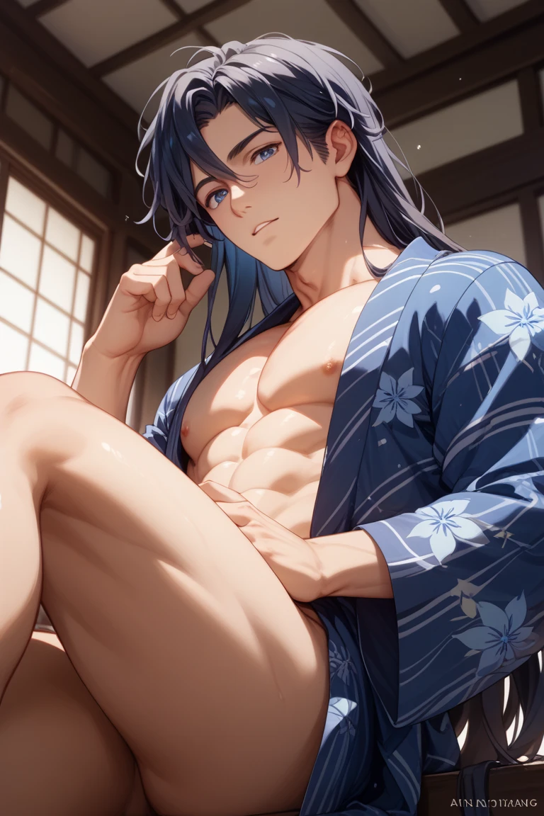 Megumi Fushiguro、The sword、 spiky hair、Shinsengumi、Enchanted feet、Fap Material、erected dick, animesque、A dark-haired、male anime characters、A dark-haired、traditional Japanese room、dark colored clothing, short-haired、japanese high school modern clothes, twinkale、half Naked, pantless, hot, anime boy, masculine, uncensored