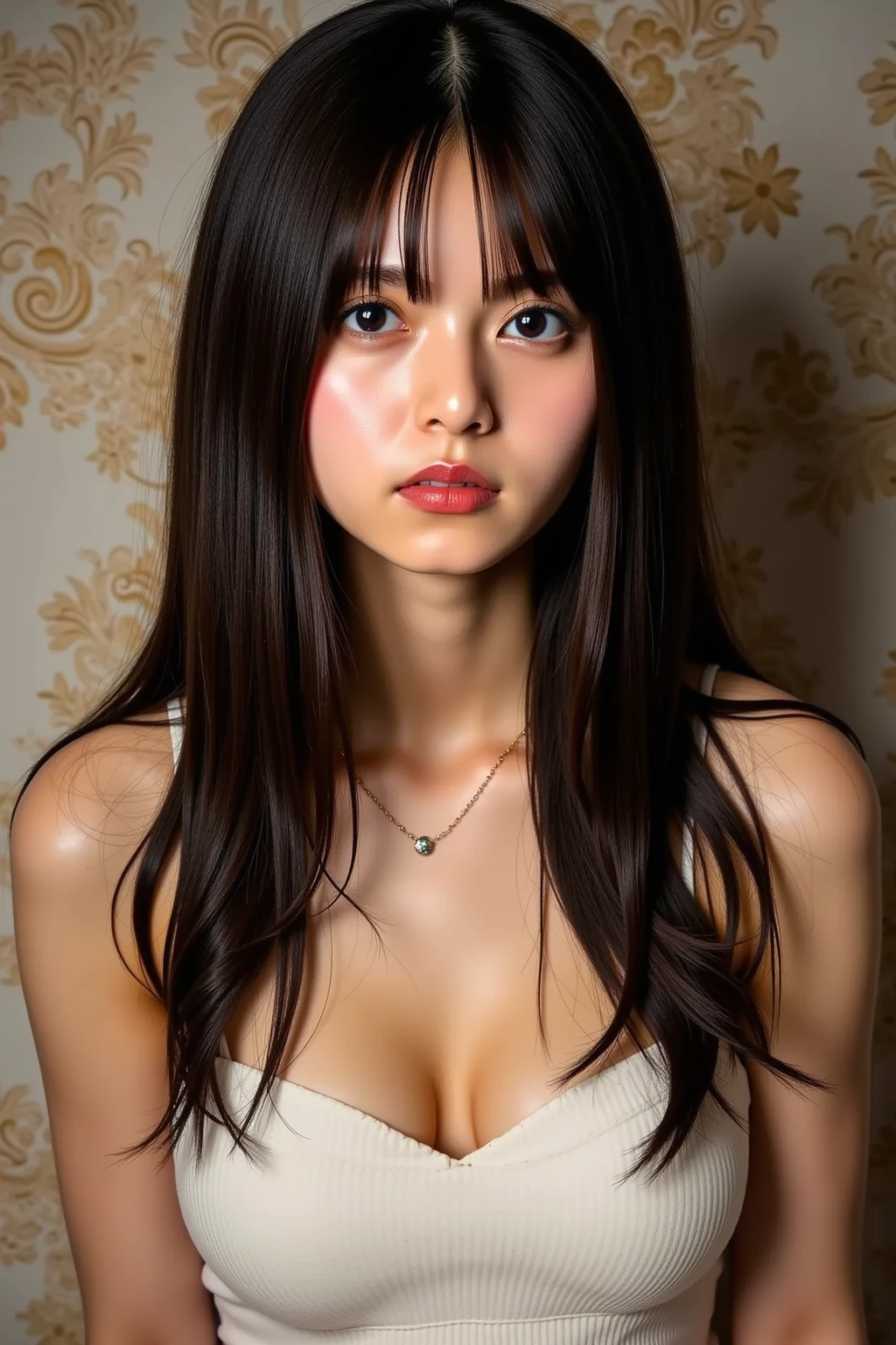 Professional photo shooting in a photo studio. Erotic, voluptuous, curvy woman. Japanese goddess. Idol. Hana haruna. body measurement of 100-70-90! beautiful chubby face, round face, long hair. Her wide heart-shaped lips curl up, light smile. Beautiful seductive eyes. She wears latex dress. posing for a picture. Dark wall. Masterpiece. warm, soft Lighting., japanese idol, 16k, realistic