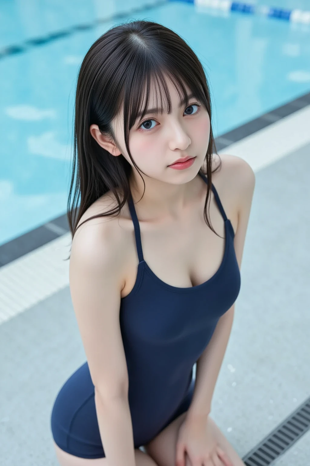 Ulchan-6500-v1.1, (RAW photo:1.2), (Photoreal), beautiful detailed girl, very detailed目と顔, High resolution, very detailed, highest quality, [masterpiece:1.6], very detailed,, finely, thin waist、big breasts、black hair、thick thighs、highest quality, 8k wallpaper, japanese woman、【sexual excitement:1.6】、 girl、(swimwear、Navy one-piece swimsuit、Student swimsuit in navy blue Japan:1.3), black pantyhose、 glossy lips: 1.4,exposed cleavage、open your knees、open your legs、spread legs、dressing、(by the pool)、sweating、grass、school swimwear、15 year old student、A neat and clean woman 、long hair, upturned chest, sitting on the floor, classroom,black brown hair,blue eyes、(school swimwear)、((school swimwear))、Navy Blue Swimsuit、Sticking out your butt、Poolside、By the pool、swimming school、Short Hair、Short Hair