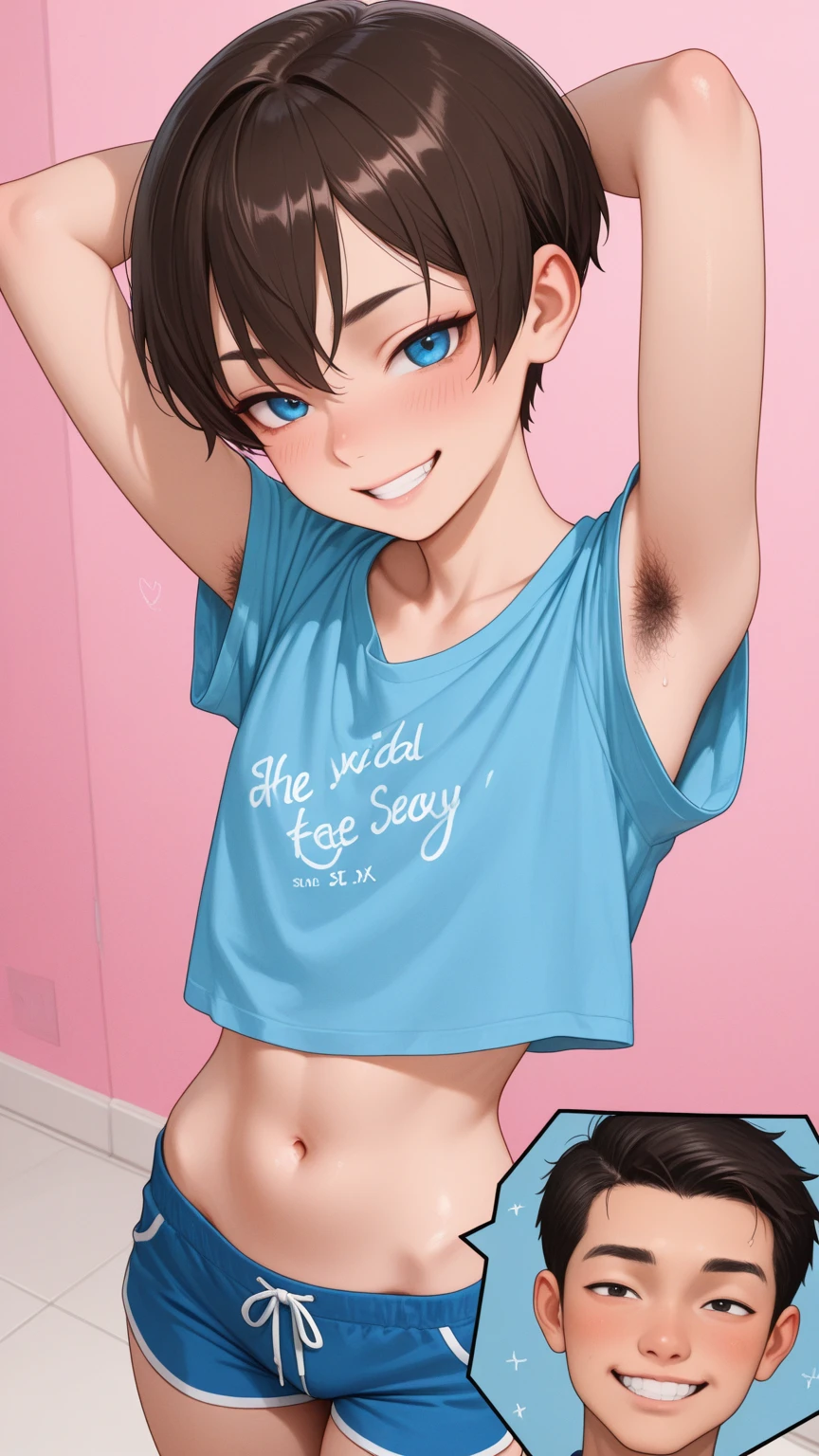 ((Highest quality)), ((masterpiece)), (detailed), One girl, sexy、Muscular、Spread your legs、Anus is visible、Flat Chest、13-year-old girl、bottomless、The best smile、Blushing、topless、Shortcuts、