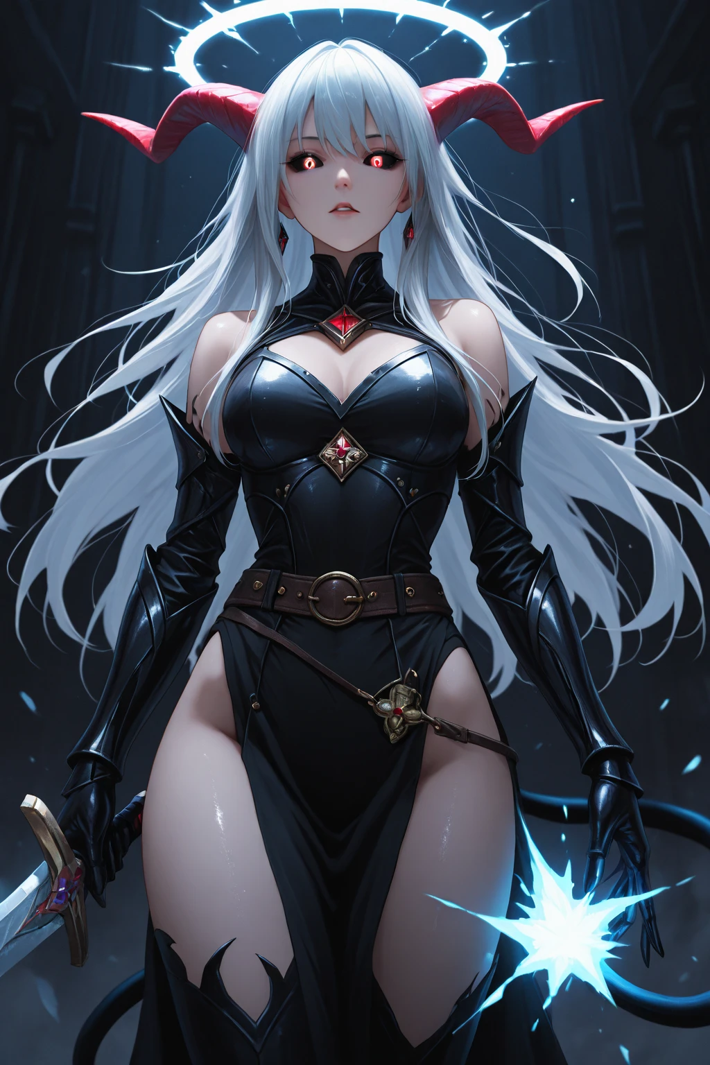 Medieval era,naughty face,Linda,delicious,armour,Breasts huge,big-ass,sexly,delicious,tight clothing,provocative expression,muscular body,stark,Scenario: detailed dark room,without showing both hands,skin-tight outfit,Different features,Waist slender,white hair too long,holding a staff.