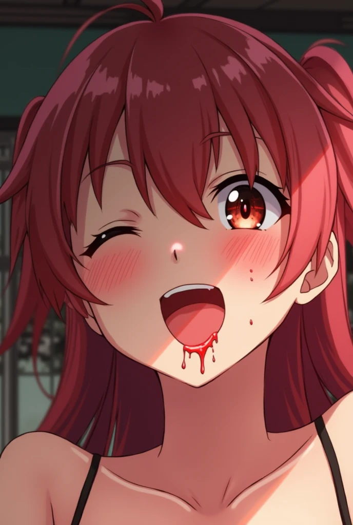 Room, bedroom, bed sheets, white bed sheets, night sky, 1 girl, 1 boy, best quality, ultra high res, long hair, red hair, green eyes, looking at viewers, small breast, standing, slim body, loli body, small body, depressed, raped, panic, white bra, bike shorts, handjob, facial cum, grabbing penis,