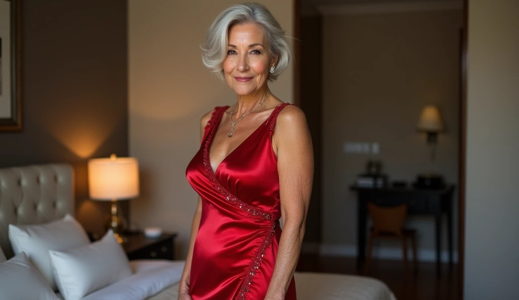 a close up of a woman in a red robe posing for a picture, fully clothed in red robes, red robe, seductive lady, in a silk robe, wearing a luxurious velvet robe, wearing fuchsia silk robe, sultry and beckoning, the super hot and sexy, clad in robes, in robes, she is about 6 0 years old