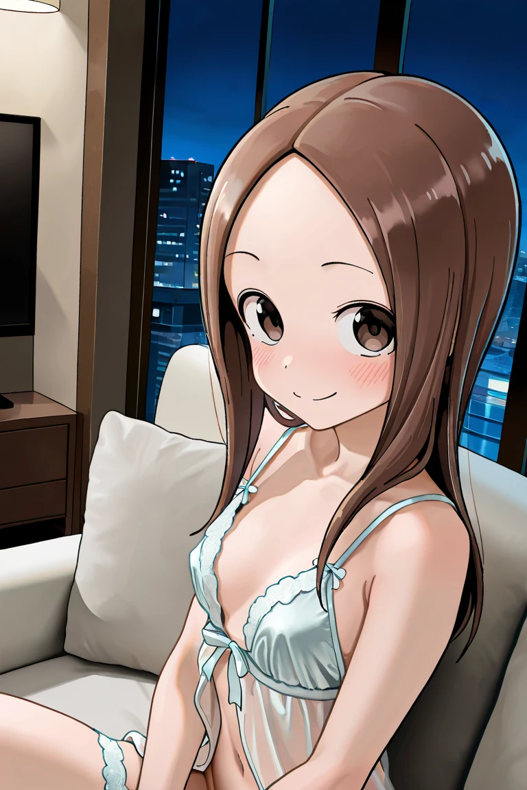 NSFW, Masterpiece, top quality, high resolution, very detailed,Takagi\(からかい上手のTakagi\), with long hair 、 Hair,Forehead、clavicle、 High Quality Lingerie , night living room,tv set,blush, smile, Mischievous Smile ,Frustrated face, is seducing