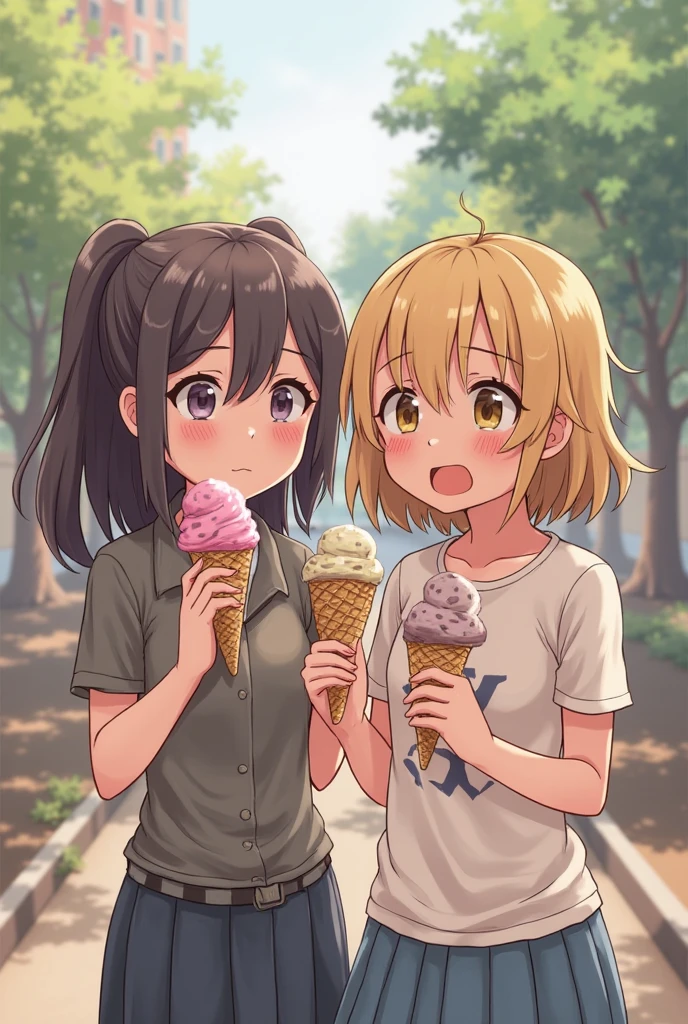 friends on a walk in the park eating ice cream