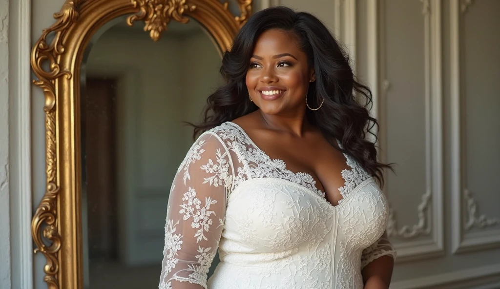 Create an overweight black woman in a puffy white short dress with bows on the shoulders