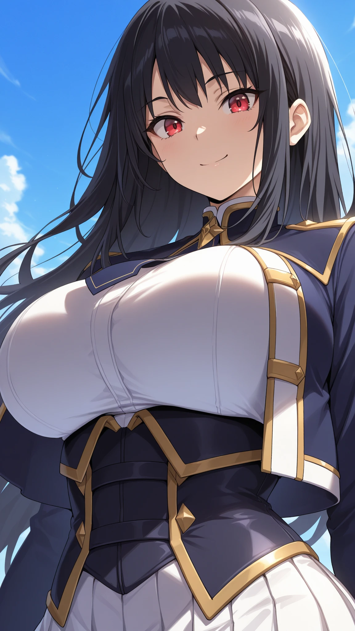 mature women,milf,large breast,beautiful face,long hair, shiny hair, blue eyes,high detailed,black hair, hair over one eye,masterpiece,cowboy shot,perfect anatomy,cleveage,dynamic pose,Blue gold Knight armor, skirt,head band,motherly,no pupils,