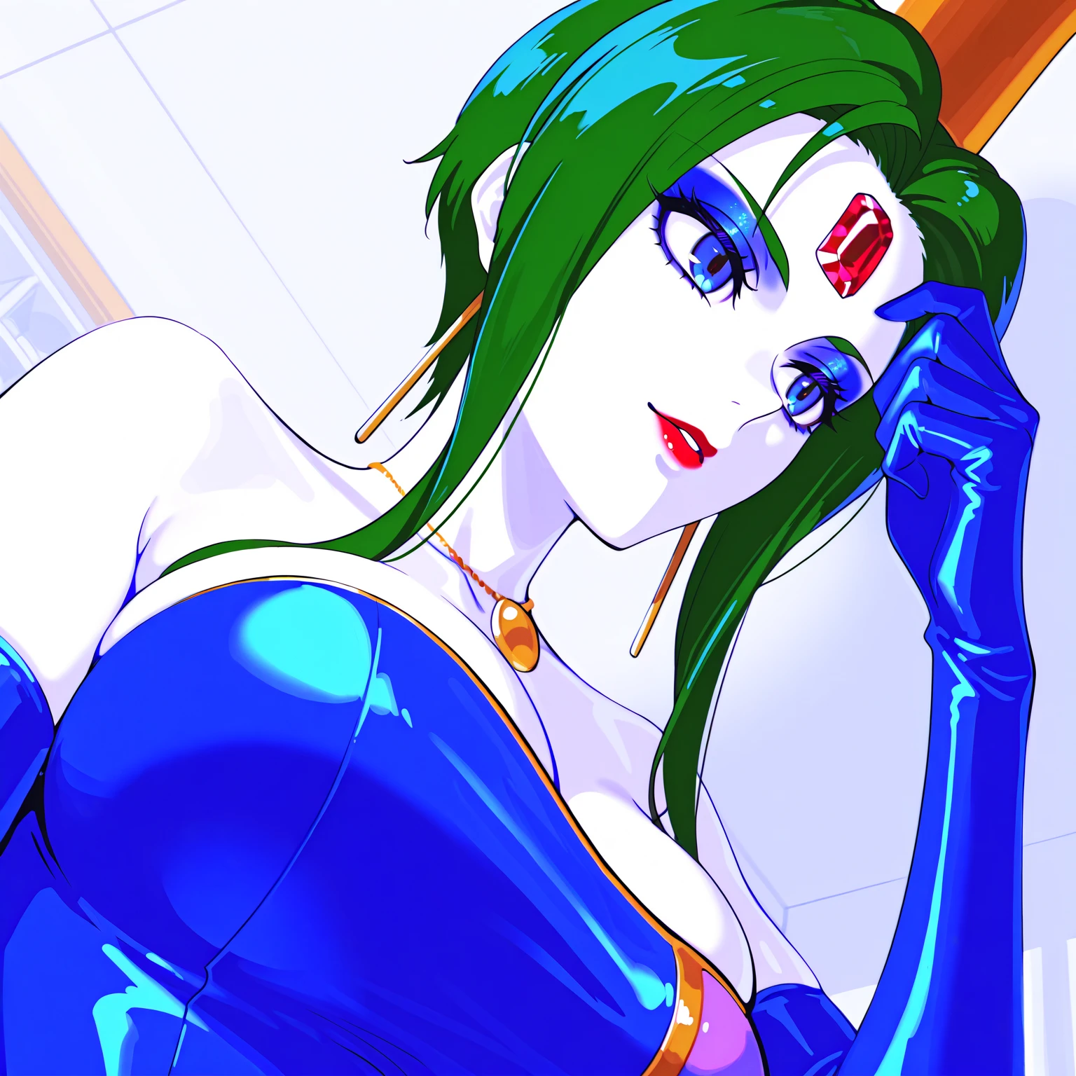 1girl, miserable expression, (face focus:1.2), Flirtatious Hair Flip pose, <lora:100_chichidashi:0.8> chichidashi,viewer up close, (extremely detailed, realistic, intricate details, highres), 3d, cg, shiny skin, blush, eyeliner, eyeshadow, eyelashes, (cinematic lighting, sunlight, volumetric), looking right, Crescent Moon at night background , Pink eyes,(  long Teal Classic French Twist hairstyle),old western style, (sepia filter:1.3), film grain, <lora:morrigan:0.7> morrigan2, purple pantyhose, bare shoulders, wings, demon girl, green hair, breasts, head wings, leotard, <lora:GoodHands-beta2:1> nice hands, perfect hands,