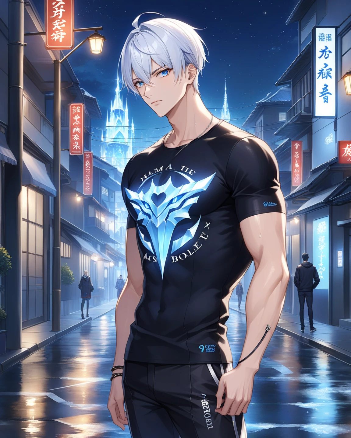 male cyborg, White hair, T-shirt, cargo pants