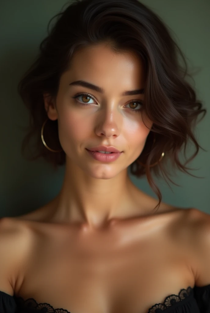 (photorealism:1.2), dark curly hair, fair skin, oval face shape, straight nose, focused gaze, well-defined arched eyebrows, average thickness lips, defined jawline and cheekbones, woman, naked