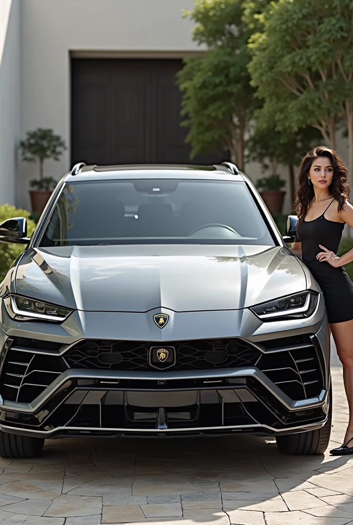 Attractive and healthy supermodel standing in front of a black Lamborghini