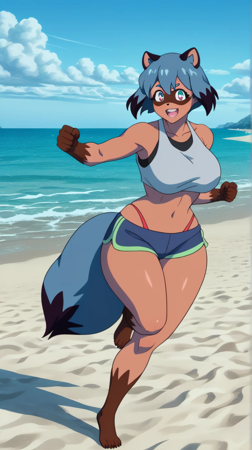 arte de kilinah, futanari Shy raccoon Michiru Kagemori, bulge, erection under clothing, en la playa, En pie, bikini