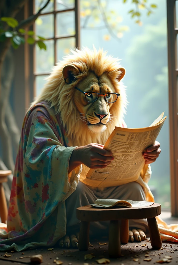 A lion wearing old reading glasses is reading a newspaper on a Japanese kotatsu、An old lion 、White-haired mane、blockbuster Hollywood movie、represents a savanna forest with double exposure、Ultra Fine、double exposure image、multy colored feathers