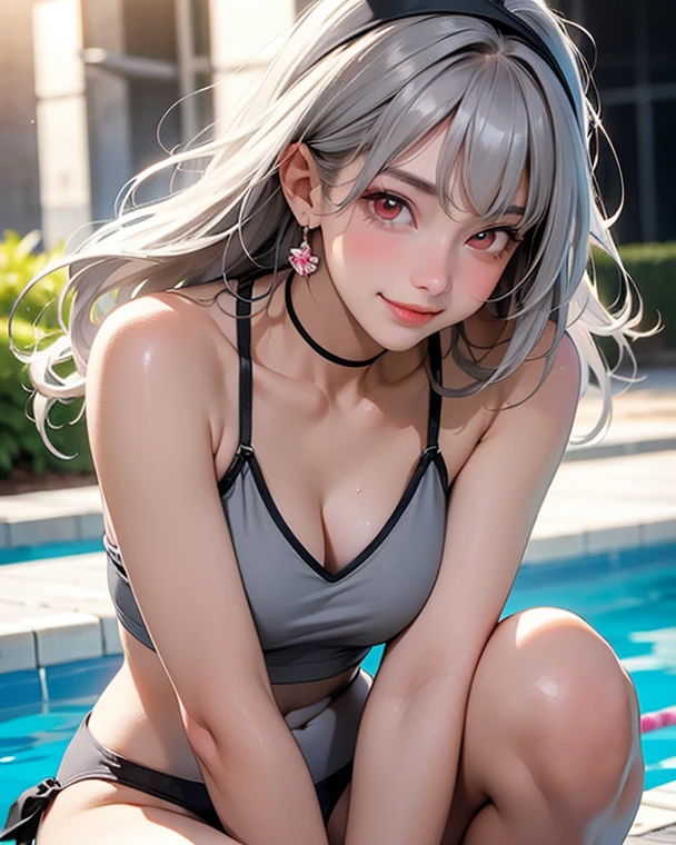 Big Tits、blue eyes、Beautiful waistline、pretty girl、18-year-old、Small High Leg Swimsuit、Naughty pose、Silver Hair、9Head to Body、smile