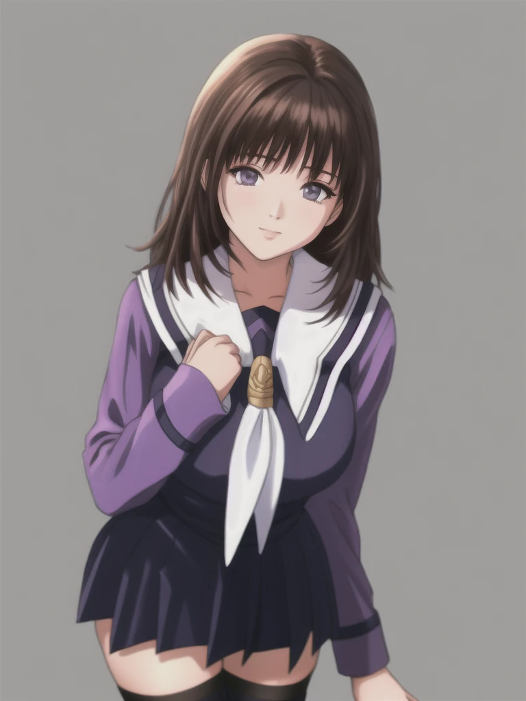 Yoshizuki_Iori, Huge_chest, Are standing, alone, School_uniform_purple_shirt_green_skirt_white_neckerchief_black_Knee socks, masterpiece, Highest quality, Detailed face, fine grain, High resolution, mini skirt, whiteいパンティー, Panty shot, throw