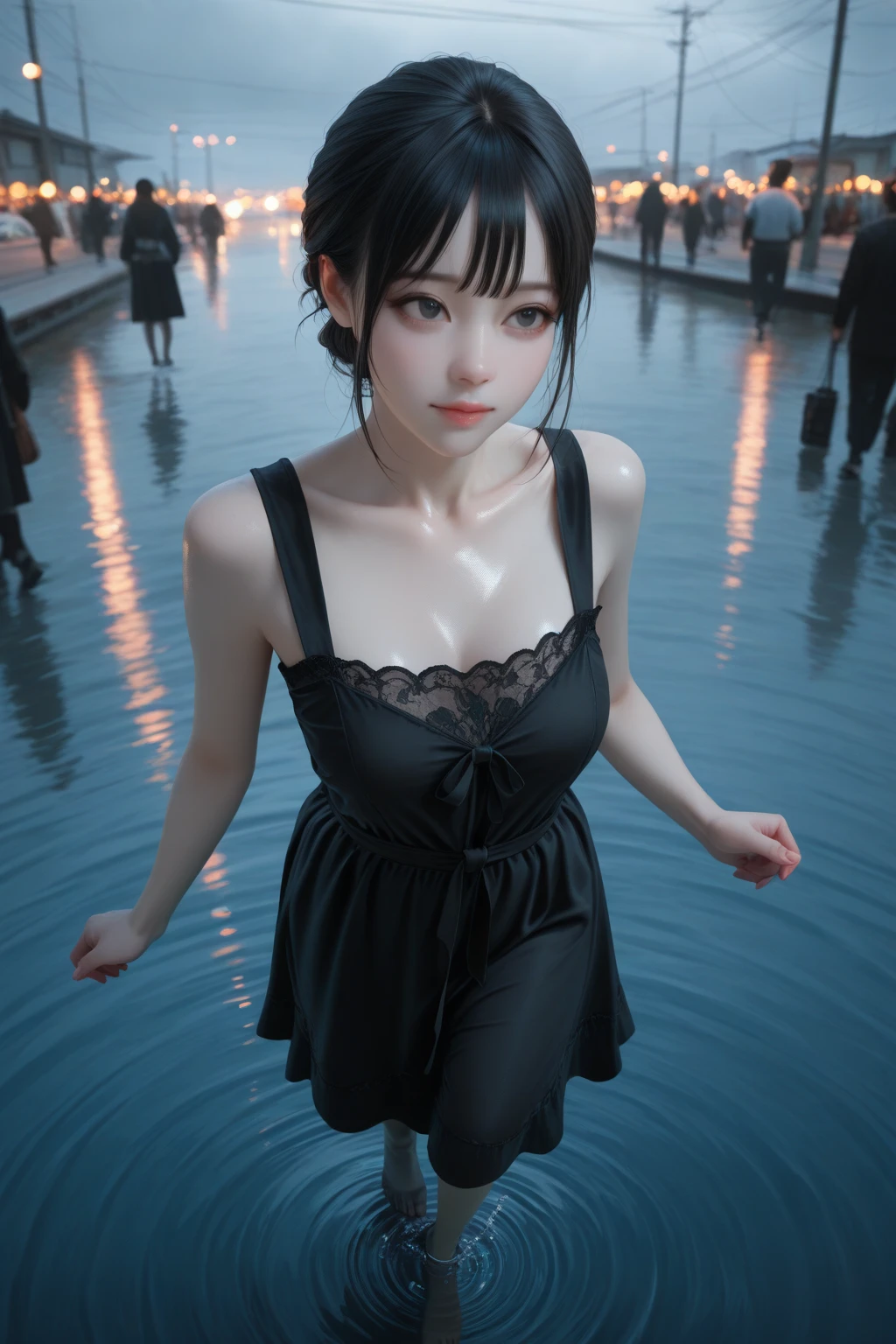 1girl long sleeves, black dress, off shoulder, bare shoulders, long dress, (see-through), tulle dress,
, huge breasts, lactation, starry background, elegance, magical atmosphere, (soft lighting:1.5), serene, graceful, beautiful detailed eyes, beautiful detailed lips, extremely detailed face, long eyelashes, standing pose, focus on thighs and above, (best quality, 4k, 8k, highres, masterpiece:1.2), ultra-detailed, (realistic, photorealistic, photo-realistic:1.37), vibrant colors, Nanami