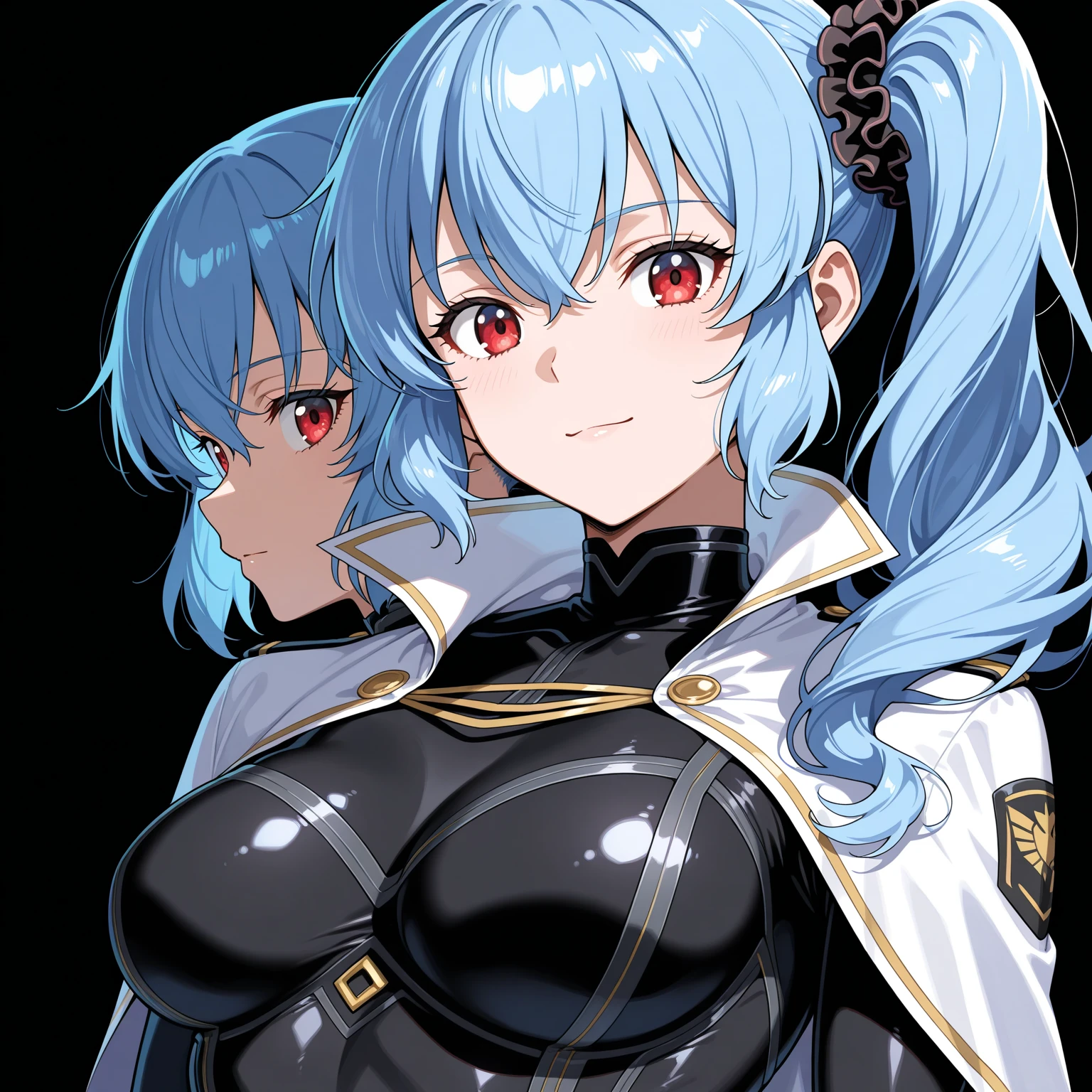 High detailed, 3 girls, matching hairstyles, matching uniforms, matching sizes,  violet eyes, cerulean colored hair, wavy long hair, busty, chunky body, yellow genetics's uniform, Juliet sleeves,  deep cleavage, white skirt, genetics's uniform, juliet sleeves, genetics's uniform, posing together